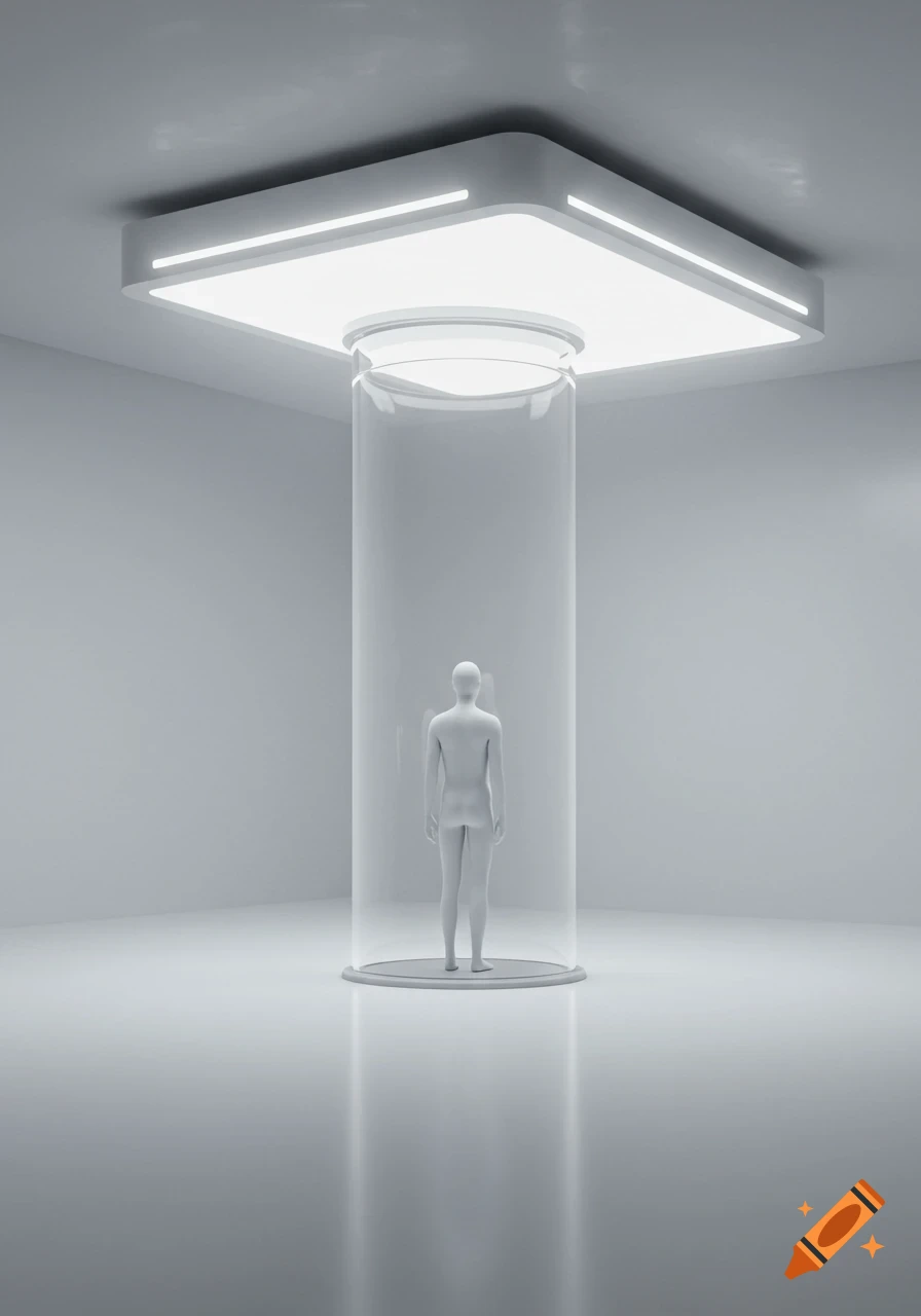 A featureless white figure stands inside a clear cylindrical tube in a minimalist white room with a glowing rectangular light fixture above.