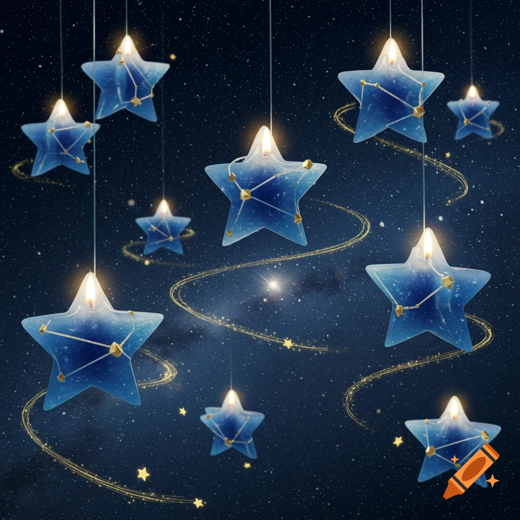 Blue star-shaped candles with golden patterns hang in a dark, star-filled night sky.