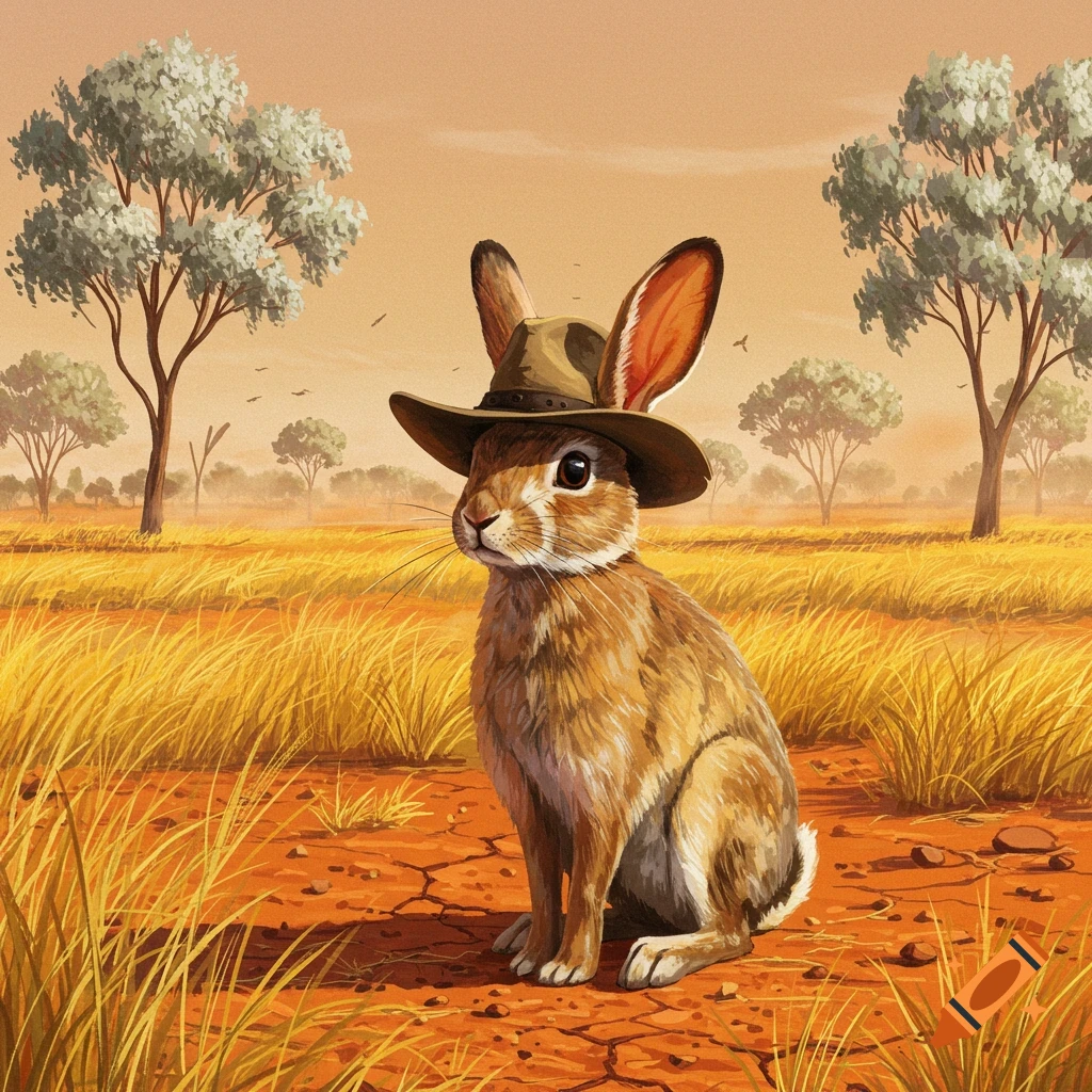 An illustrated brown rabbit wearing a wide-brimmed Australian hat sits in a dry, grassy field with sparse trees under an orange sky.