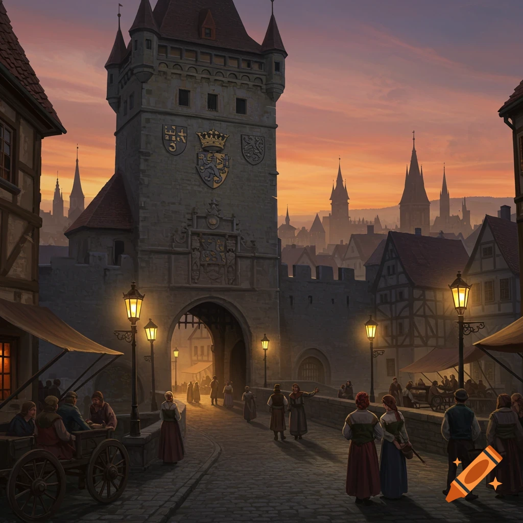 Detailed painting of a medieval city gate at dusk, people by market stalls under glowing lamps and a sunset sky.