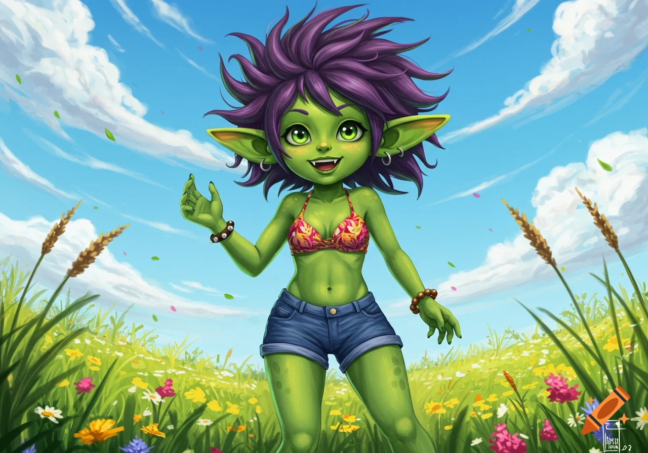 A cute green-skinned goblin girl with spiky purple hair, wearing a floral bikini top and denim shorts, stands happily in a field of wildflowers under a blue sky.