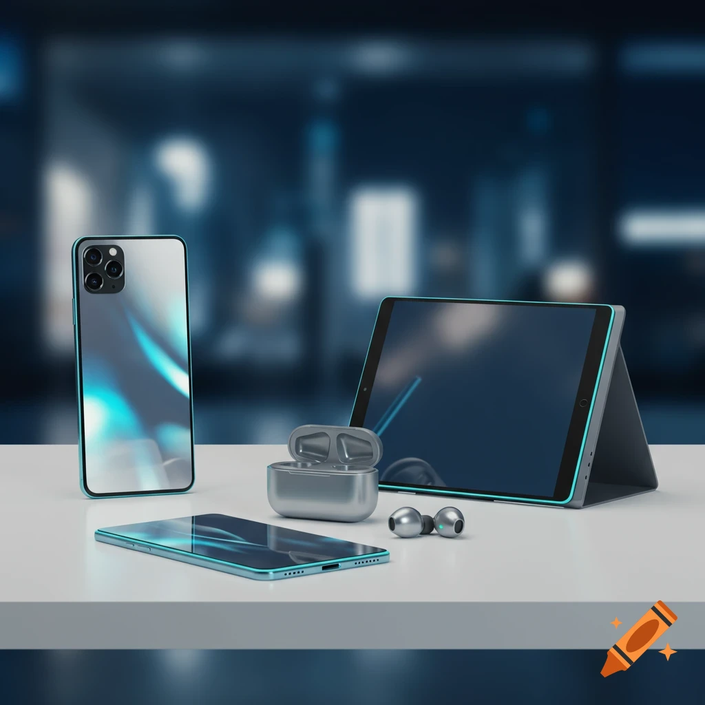 Photorealistic image of a collection of modern electronic gadgets including smartphones, earbuds, and a tablet on a white surface.