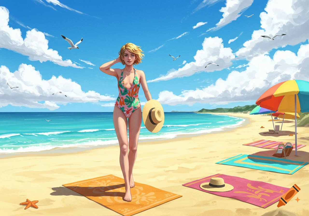 An anime-style woman in a floral swimsuit walks on a sunny beach, holding a straw hat, with umbrellas and seagulls in the background.