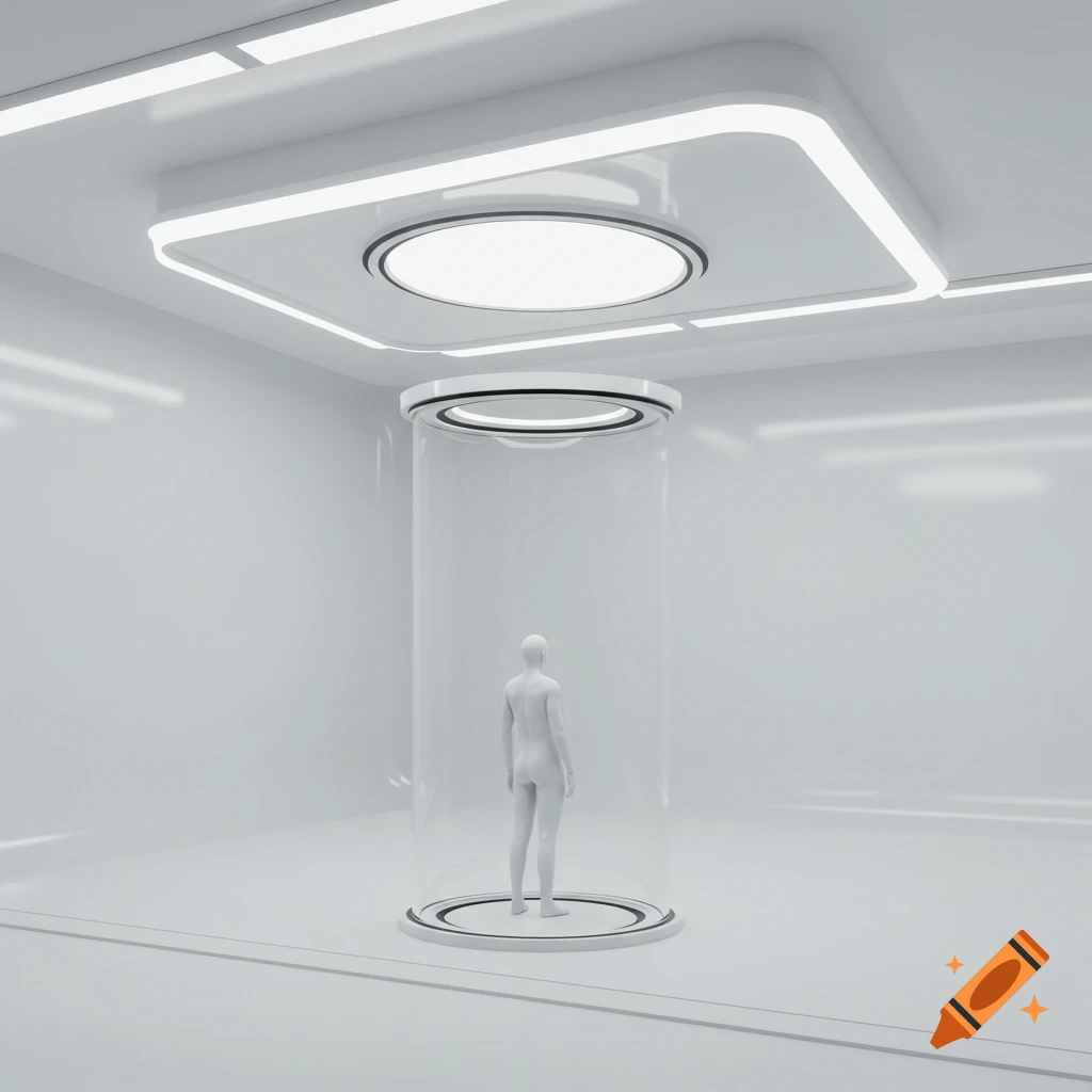 A white human-like figure stands inside a transparent tube in a bright, sterile, white futuristic room.