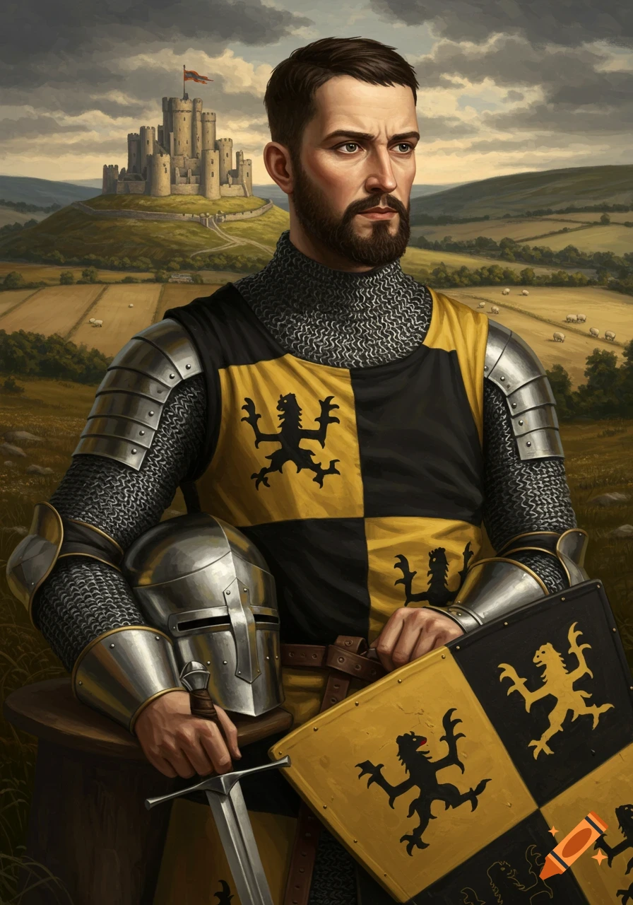 Realistic oil portrait of a bearded knight in black and gold heraldry, holding a sword and shield, with a castle on a hill behind him.