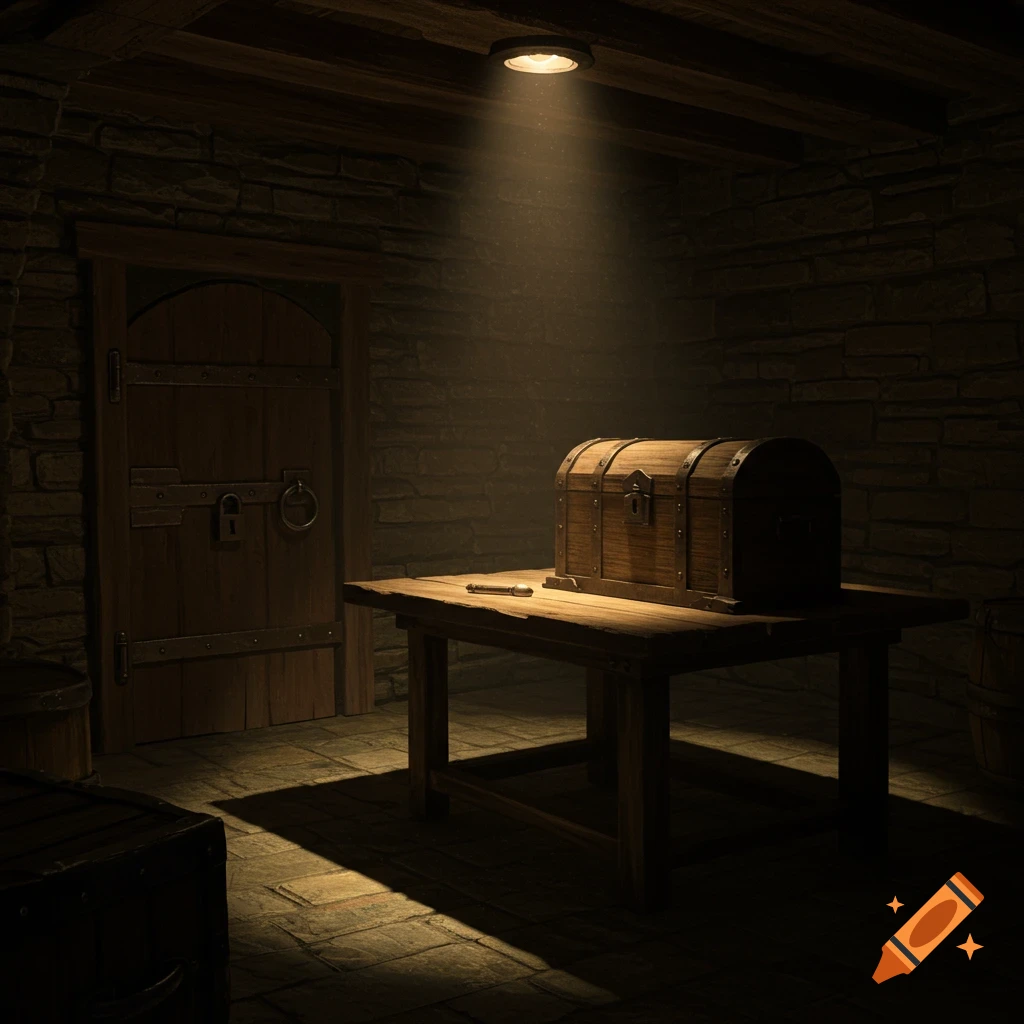 Dark cellar interior with a wooden treasure chest on a table, illuminated by a spotlight. A closed wooden door is on the left.