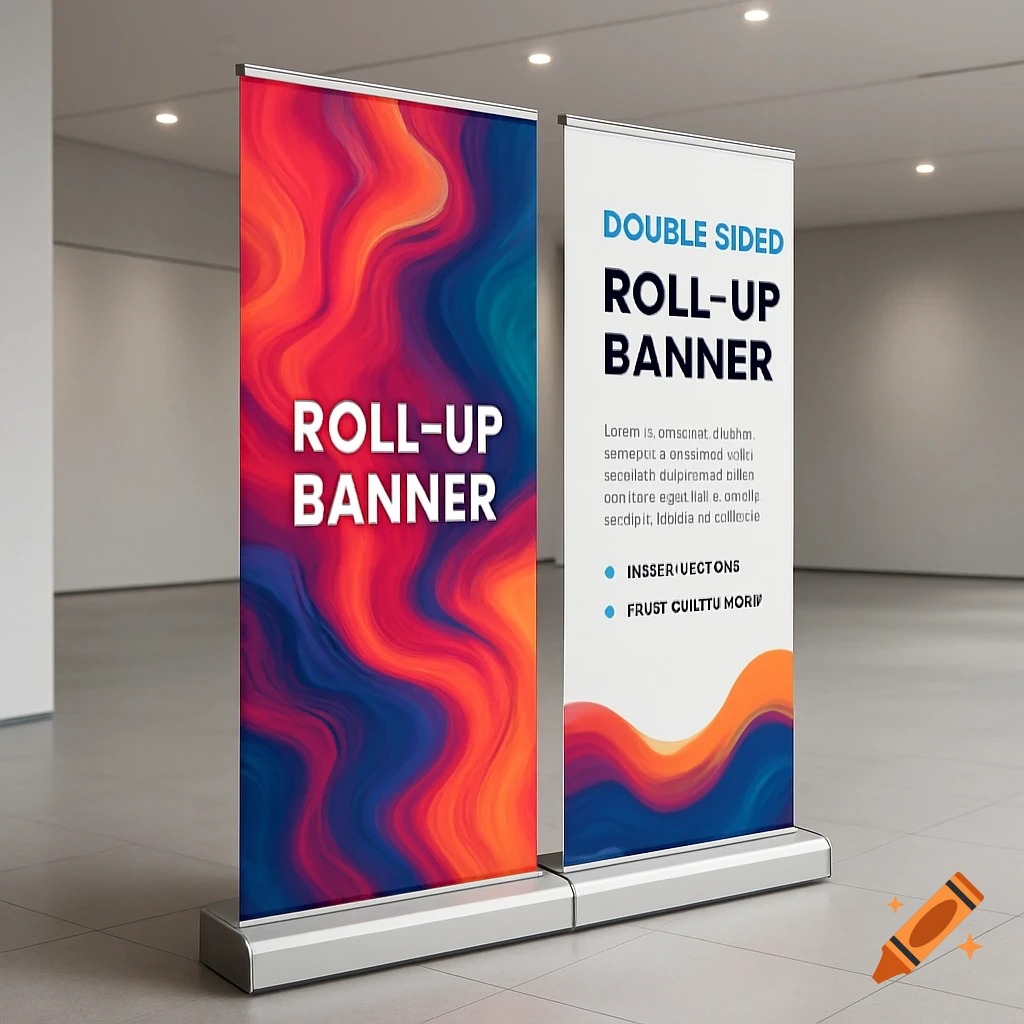 Two modern roll-up banners with colorful abstract designs and promotional text, displayed in a well-lit exhibition hall.