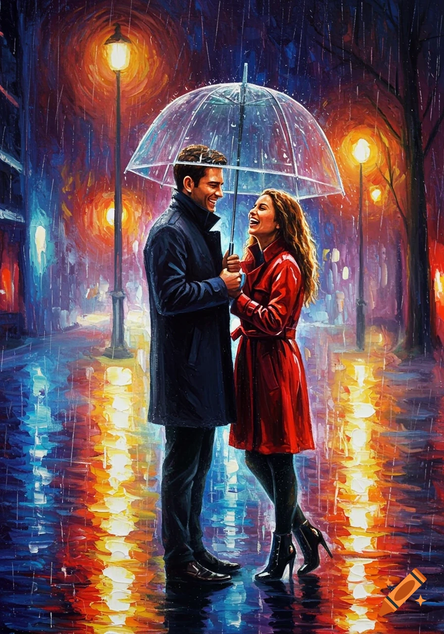 Impressionistic painting of a laughing couple under a clear umbrella in the rain at night, illuminated by streetlights and reflections.
