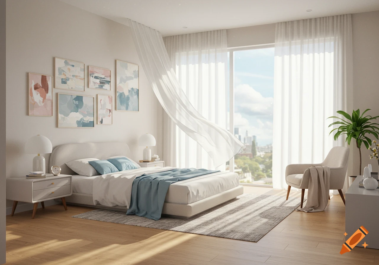 A bright, modern bedroom with a large bed, sheer white curtains blowing in the breeze, abstract art on the wall, and a city view.