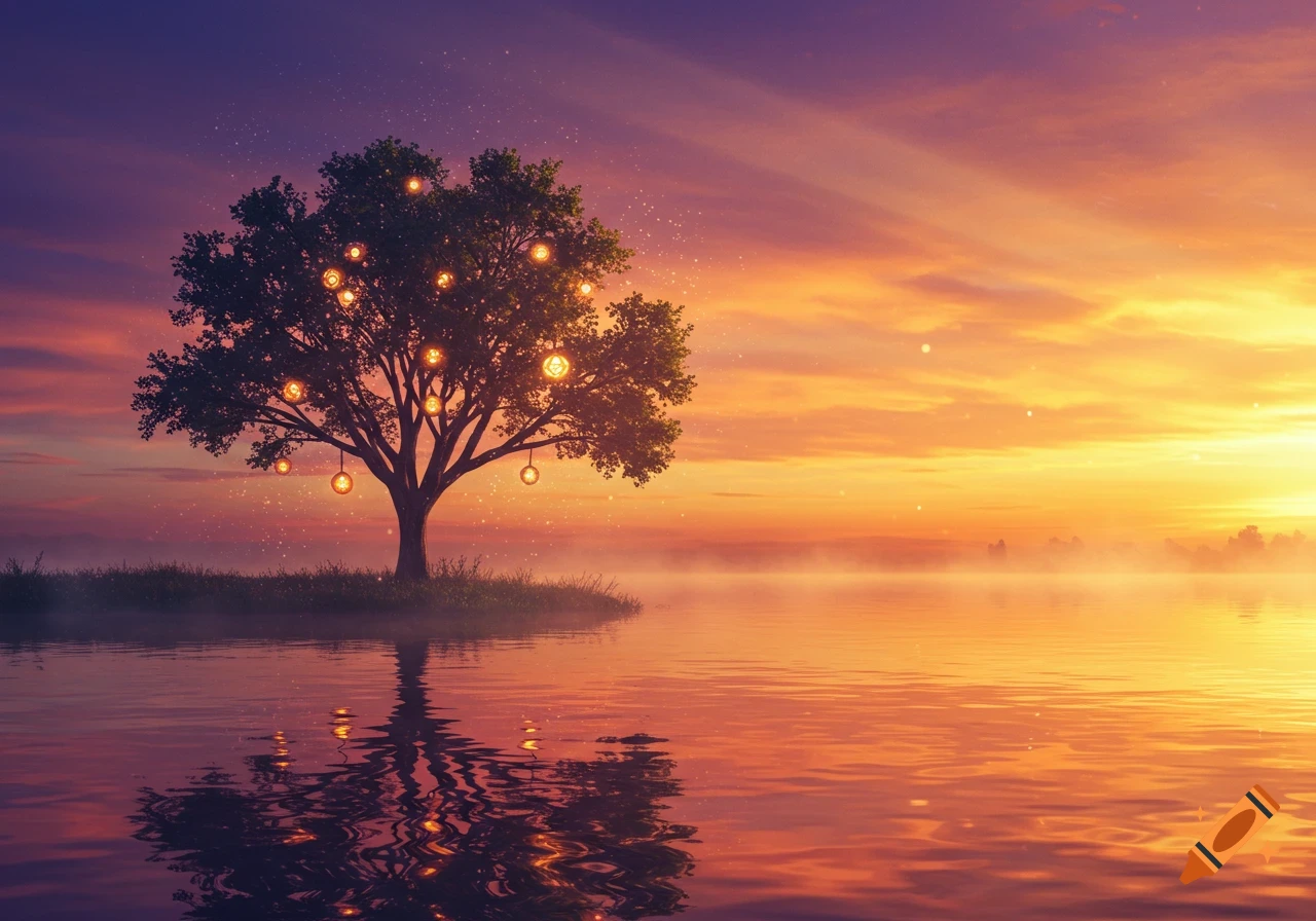 A magical tree with glowing lanterns on an island in a lake reflects a vibrant sunset sky.