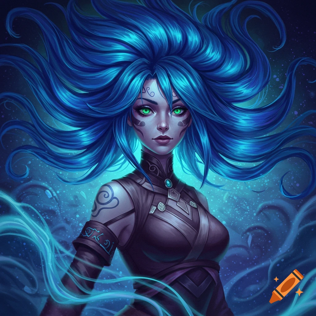 Digital illustration of a fantasy woman with voluminous blue hair, glowing green eyes, and tribal markings on her skin.