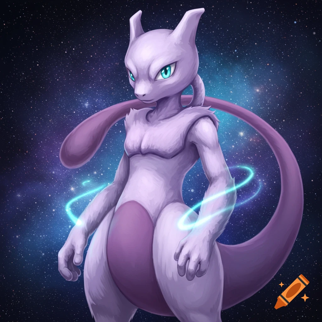 A purple Mewtwo with glowing blue eyes and rings of energy stands against a starry space background in a digital art style.