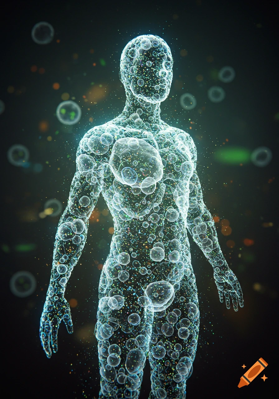 Abstract human figure composed of glowing translucent bubbles and tiny particles against a dark, bokeh background.