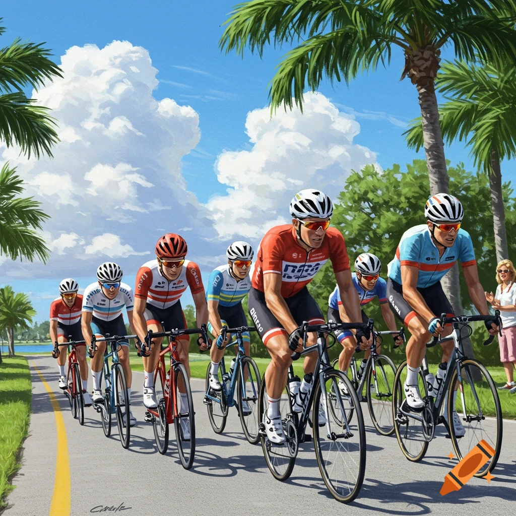 An illustrative painting of a group of cyclists racing on a sunny road lined with palm trees.
