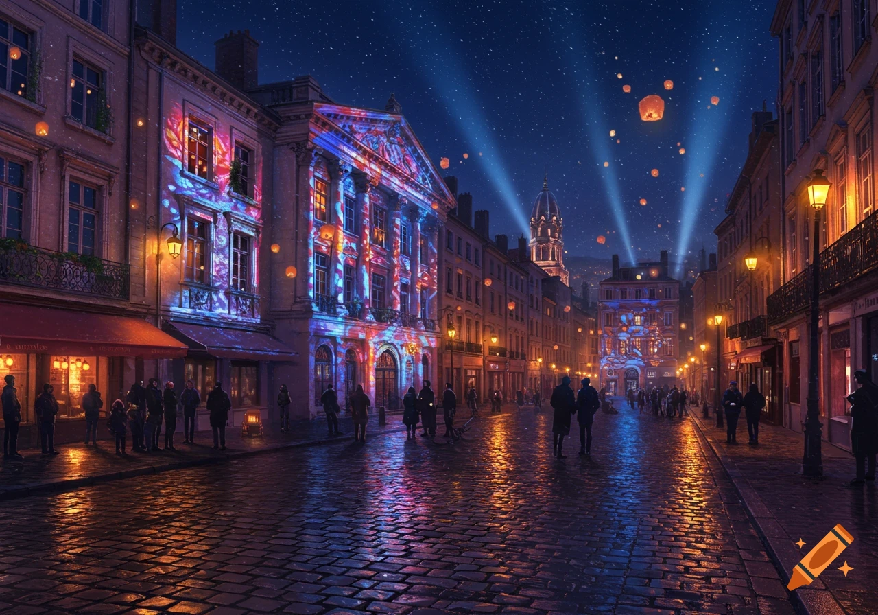 Vibrant night street scene in Lyon during the Festival of Lights, with colorful projections on buildings, people, and lanterns in the starry sky.
