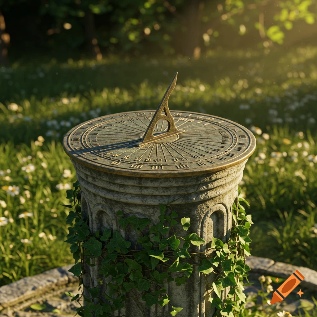 A realistic, ornate brass sundial on an ivy-covered stone pillar in a sunlit garden.