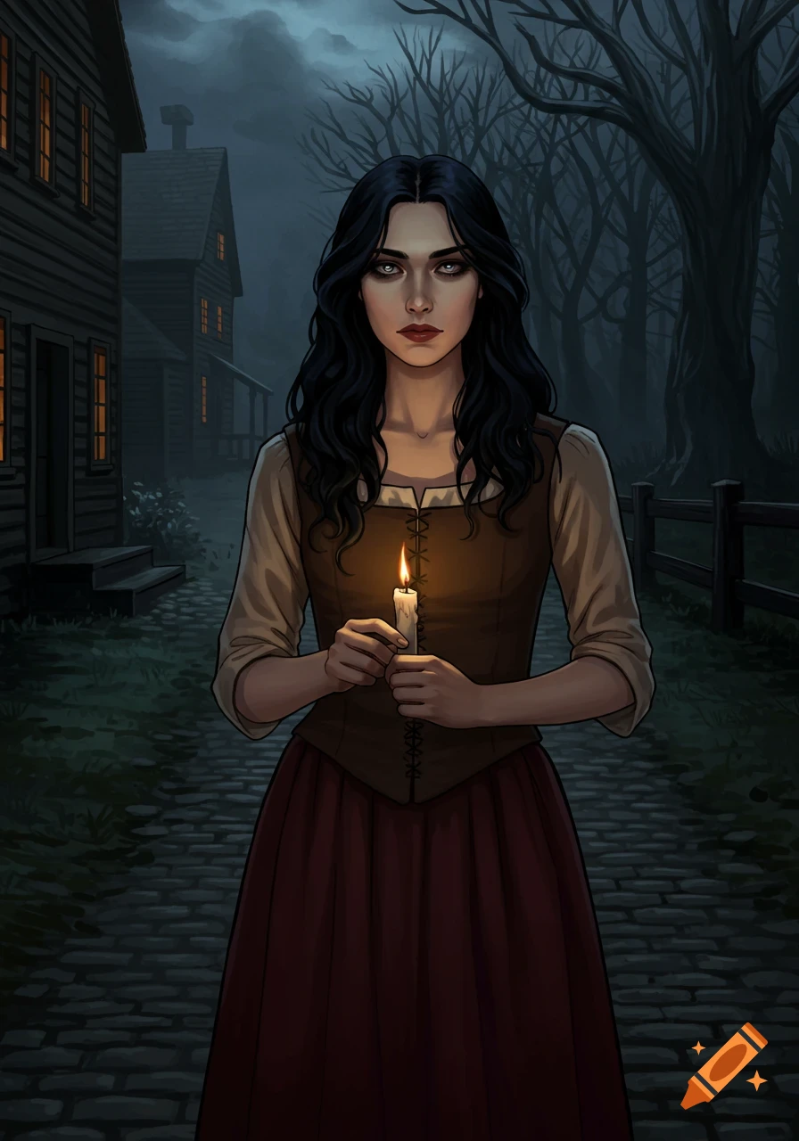 Illustrated young woman with dark hair holds a lit candle on a cobblestone path in a spooky village.