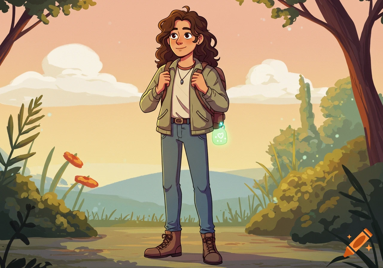 Cartoon young person with backpack on a path in a bright, colorful storybook landscape.