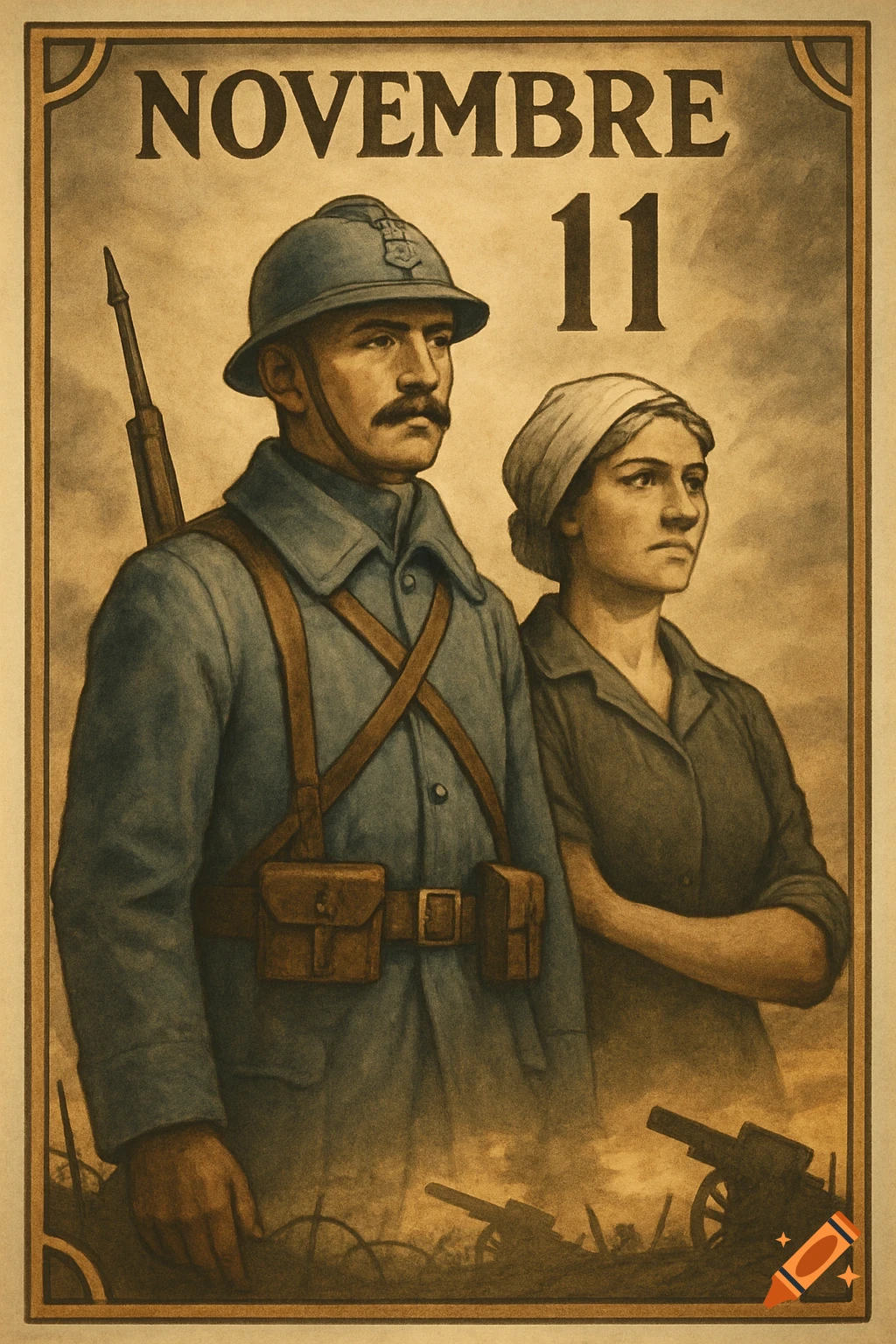 A vintage WWI poster featuring a French soldier and a woman, with 'NOVEMBRE 11' at the top, and battle remnants at the bottom.