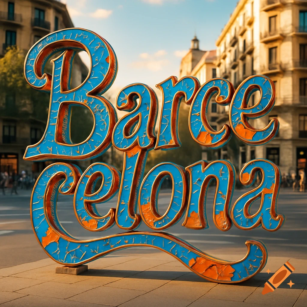 A large, ornate sign spelling "Barcelona" in blue and orange with a cracked texture stands on a city street.