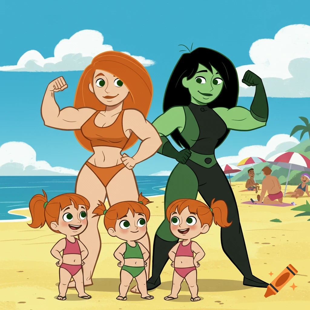 Cartoon of muscular Kim Possible in an orange bikini and Shego in a green suit, flexing with three young girls in bikinis on a beach.