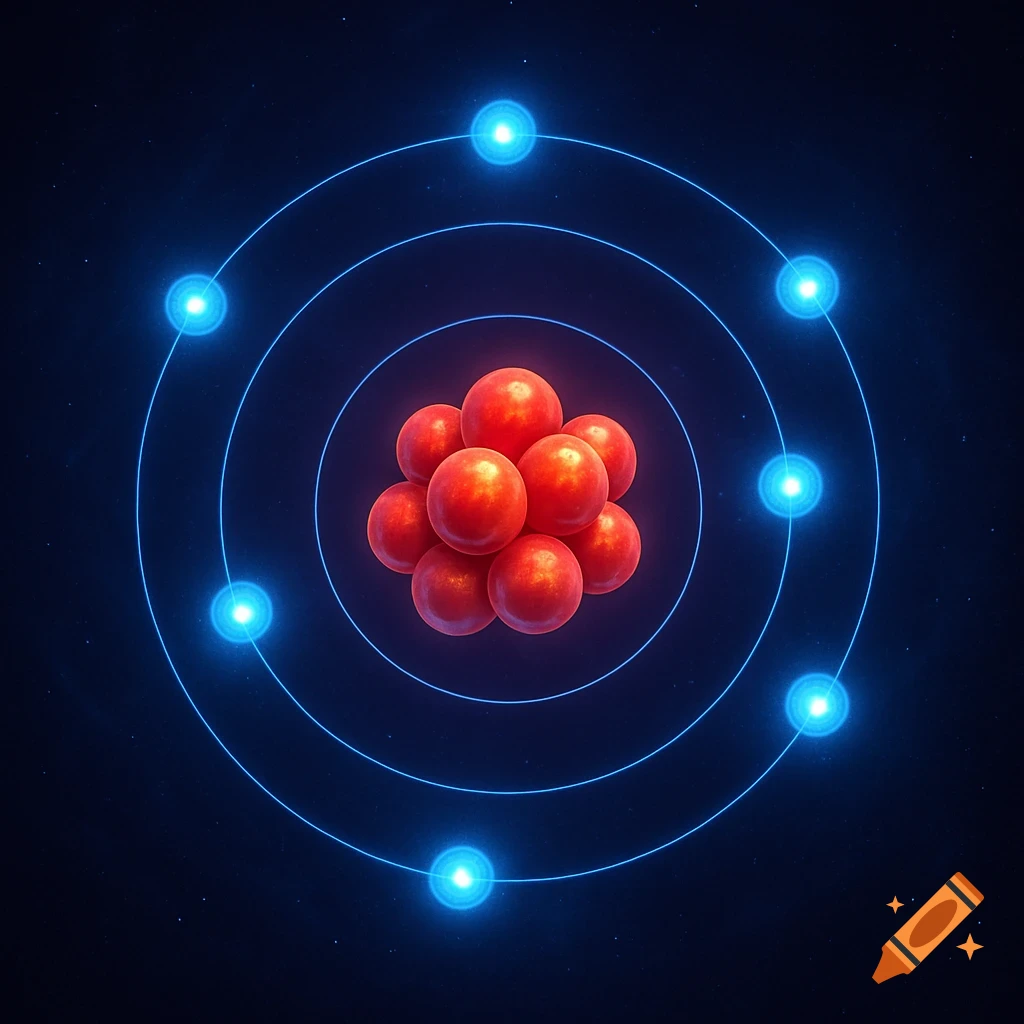 A glowing, stylized Bohr model of an atom with a red nucleus and bright blue orbiting electrons on a dark, starry background.