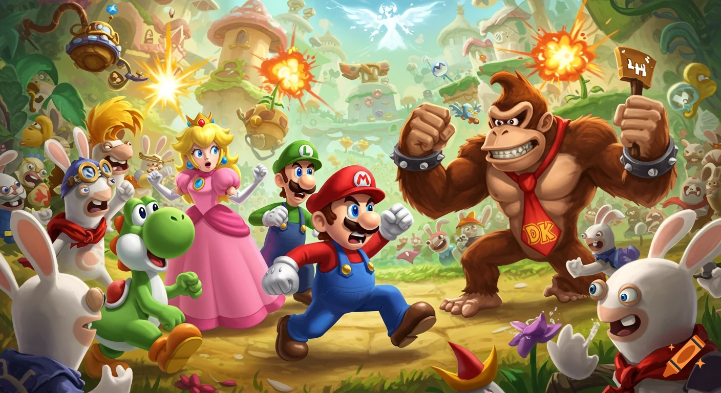Mario, Luigi, Princess Peach, Yoshi, and Donkey Kong fight Rabbids in a vibrant, cartoon fantasy world with mushroom houses and explosions.