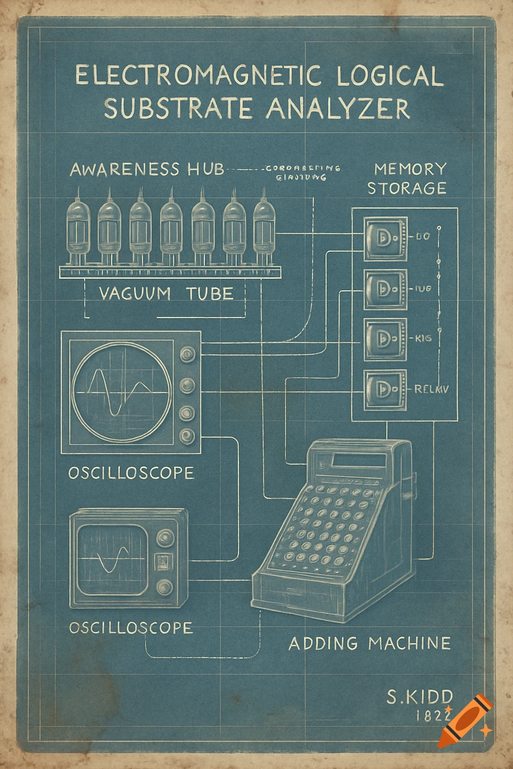 An aged blueprint from 1987 with white lines on blue paper, showing a technical diagram of vintage electronics.