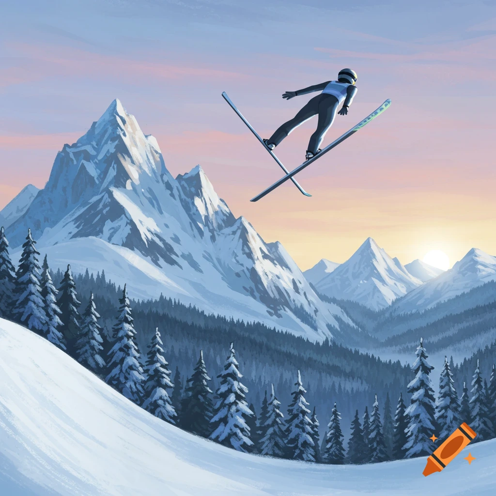 A ski jumper in mid-air against a backdrop of snowy mountains and pine trees at sunset.