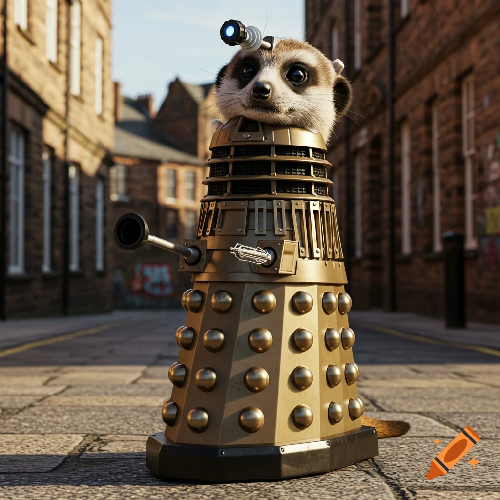 A photorealistic meerkat with its head poking out of a gold Dalek costume stands on a cobblestone street with brick buildings.