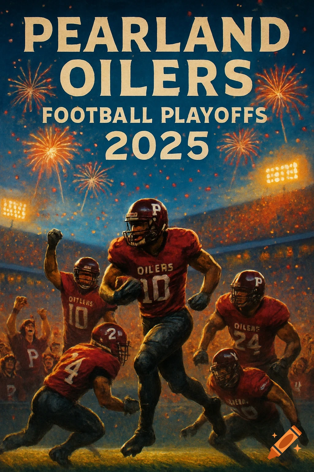 An illustrative poster for 'PEARLAND OILERS FOOTBALL PLAYOFFS 2025' with football players on a field with fireworks and a stadium in the background.