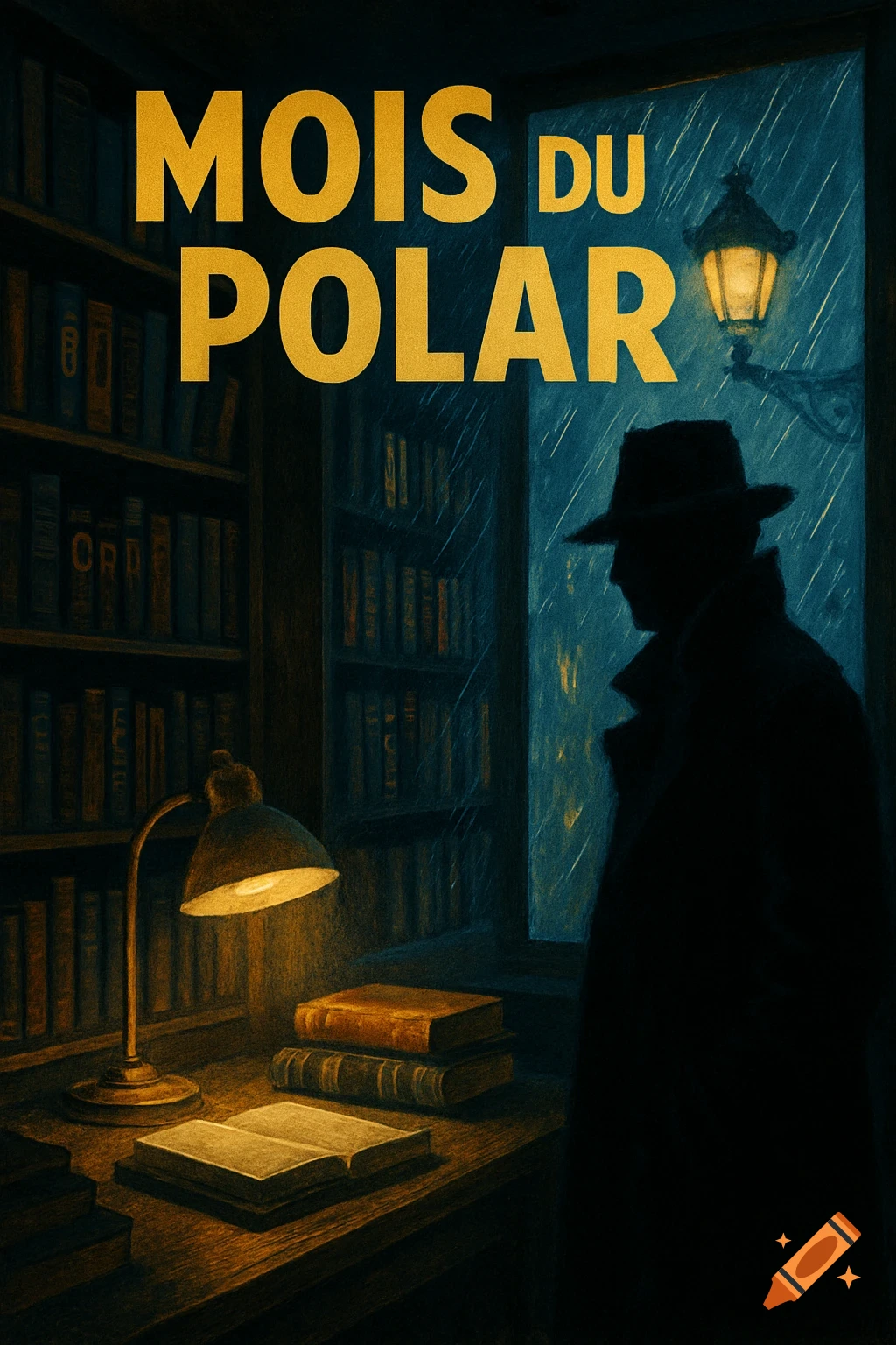 A dark illustration with 'MOIS DU POLAR' text above a person in a trench coat and fedora looking out a rainy window from a lamp-lit library with bookshelves and an open book on a desk.