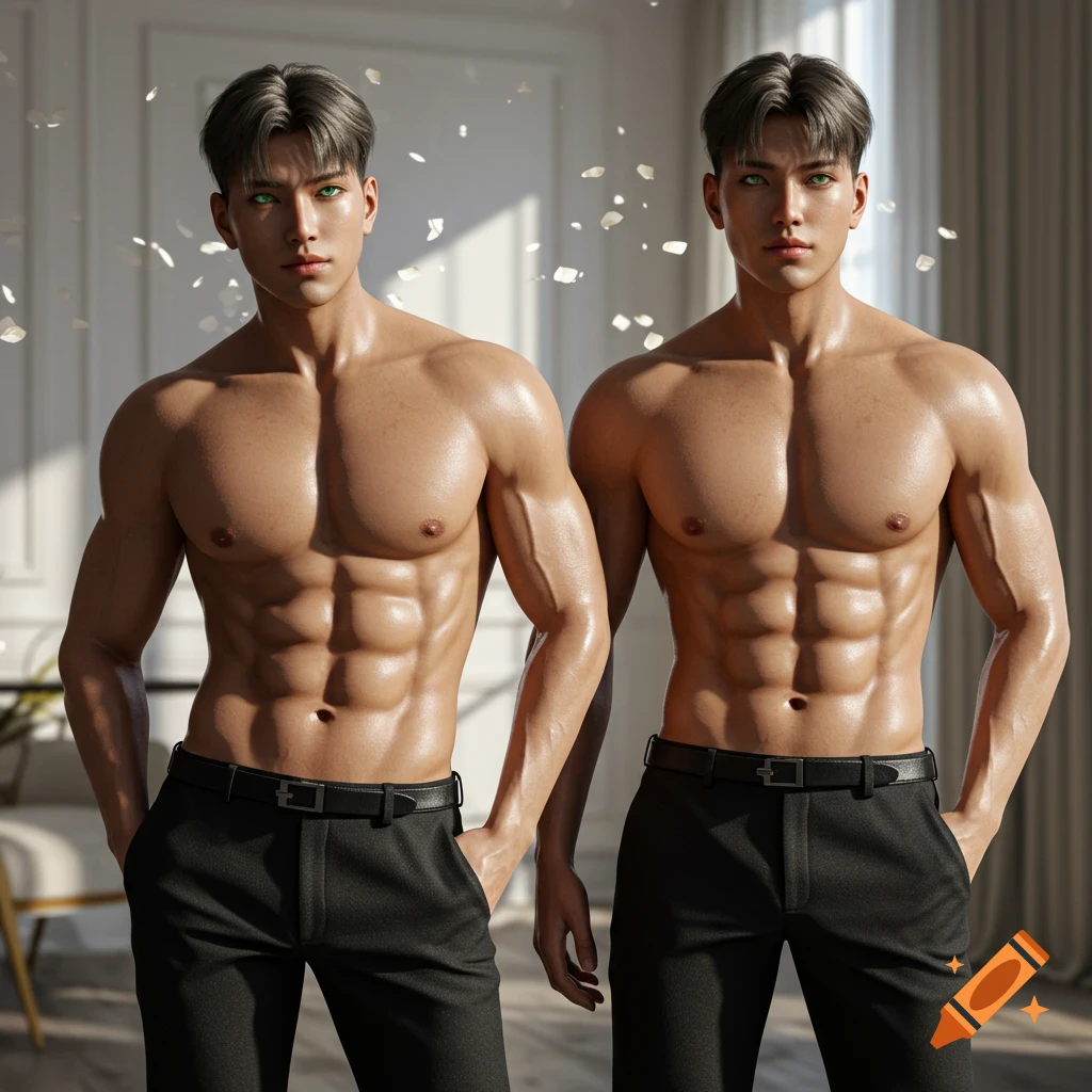 Two shirtless, muscular Korean male models with green eyes stand in an indoor setting, wearing black pants.