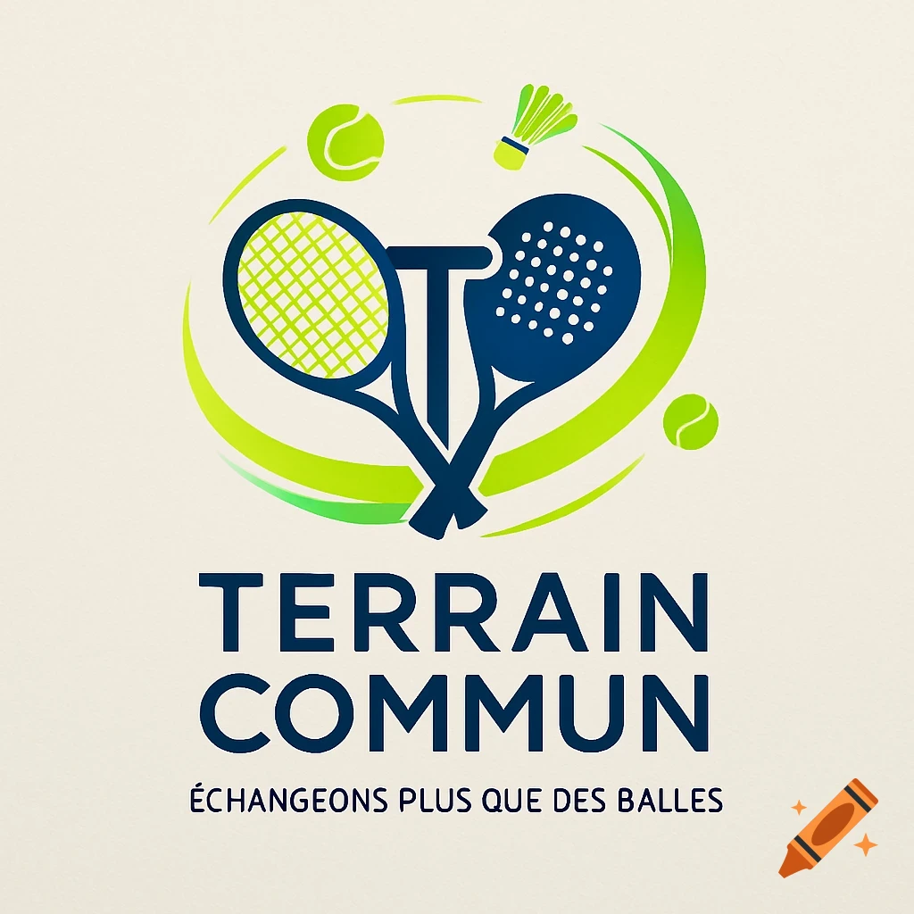 A logo for 'TERRAIN COMMUN' magazine, featuring crossed tennis and padel rackets, a shuttlecock, and tennis balls in green and blue.