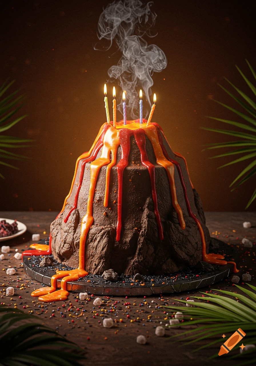 Photorealistic volcano birthday cake with red and orange icing "lava", lit candles, smoke, and sprinkles on a wooden table.