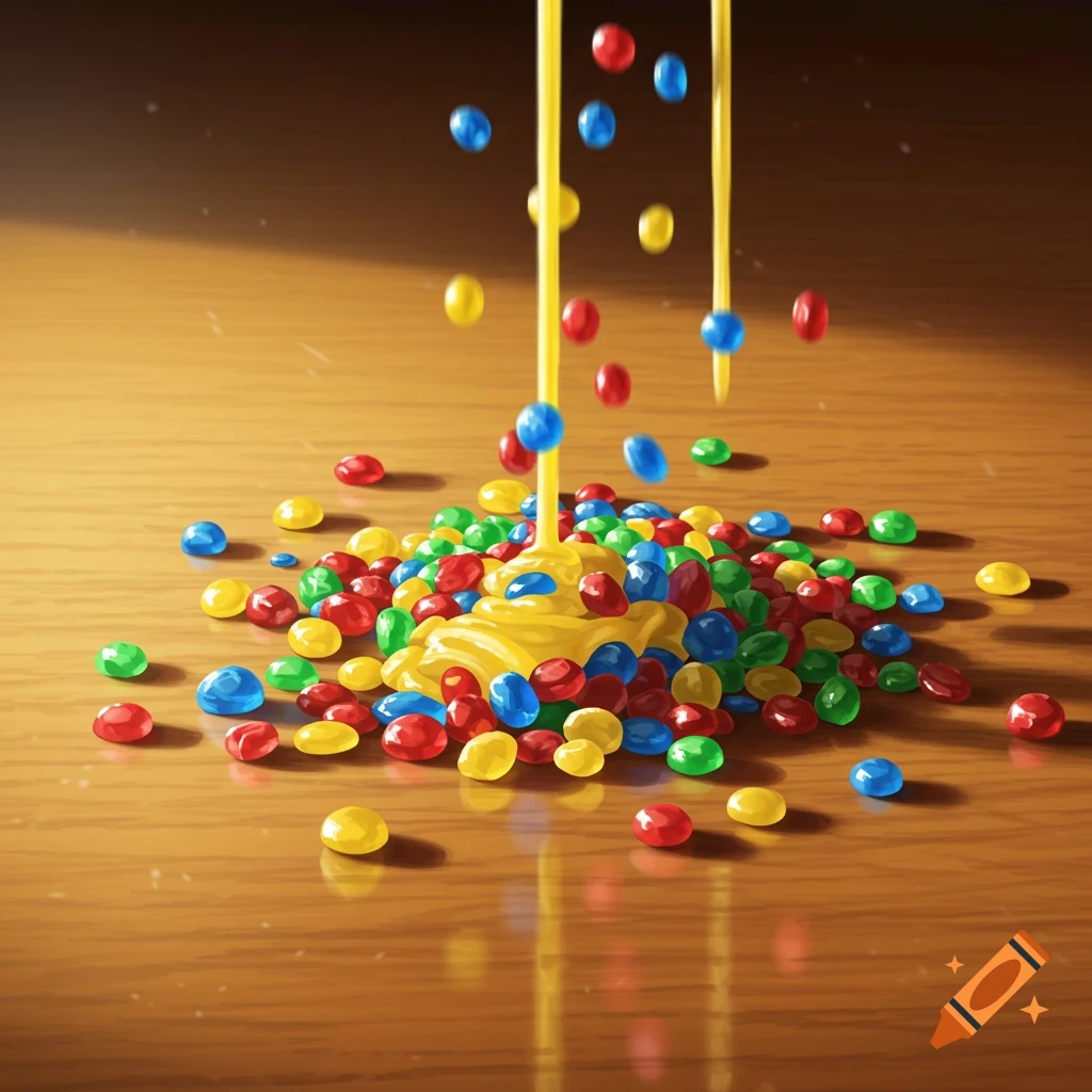 Colorful candies (red, blue, green, yellow) piled on a wooden surface with streams of yellow liquid pouring over them. Illustrative style.
