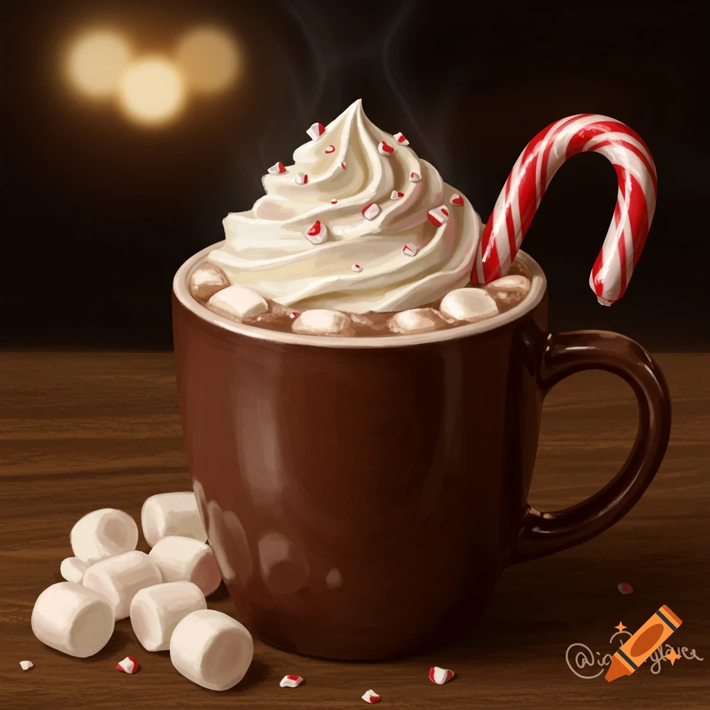 A rich brown mug of hot cocoa topped with white whipped cream, crushed peppermint candy, and a red and white candy cane. Marshmallows and more candy bits lie on a wooden table beside the mug, against a dark, blurry background with warm lights. Digital art style.