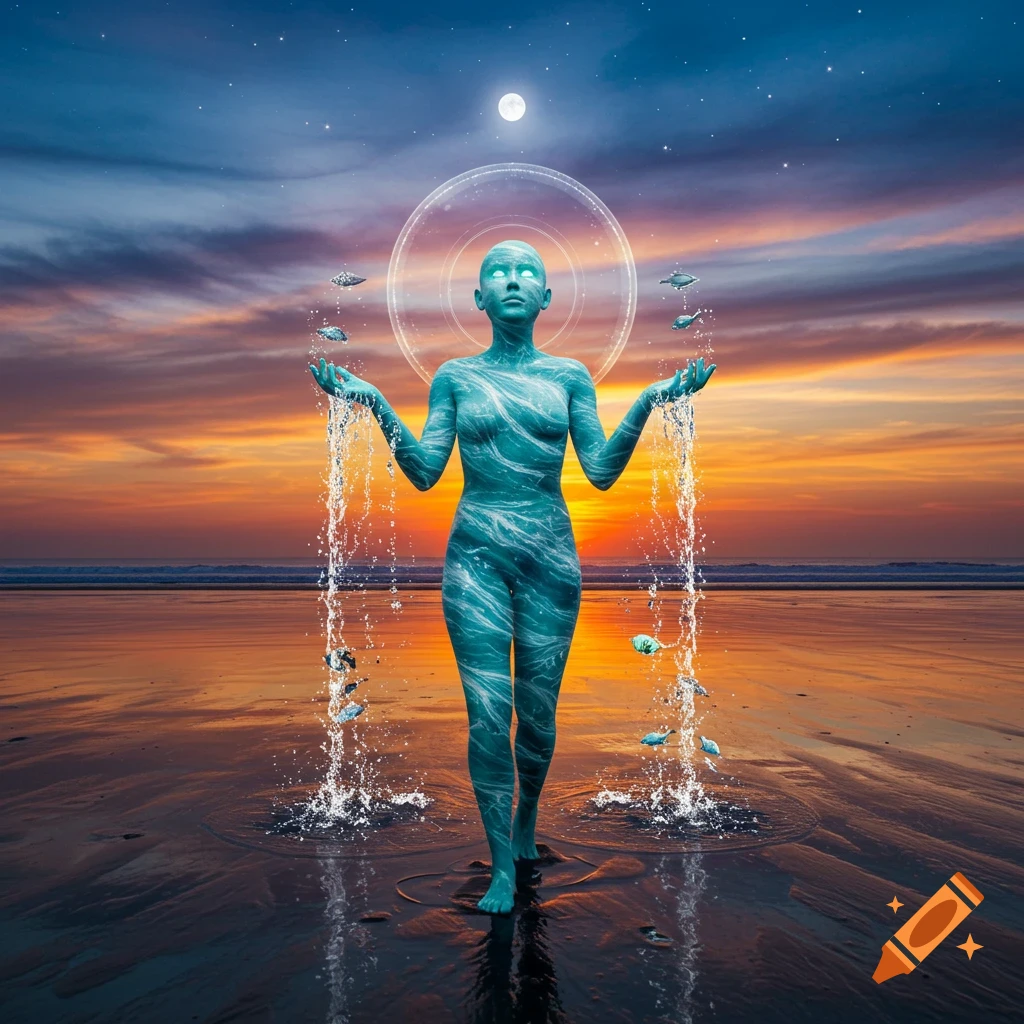 A surreal water spirit with glowing eyes stands on a beach at sunset, water streaming from her hands with fish.