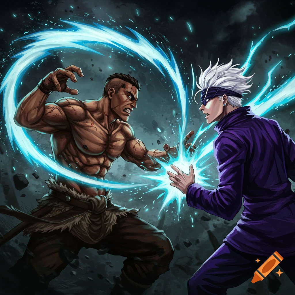 Two muscular anime characters, one bare-chested and the other with white hair and a blindfold, engage in an intense magical battle with glowing blue energy.