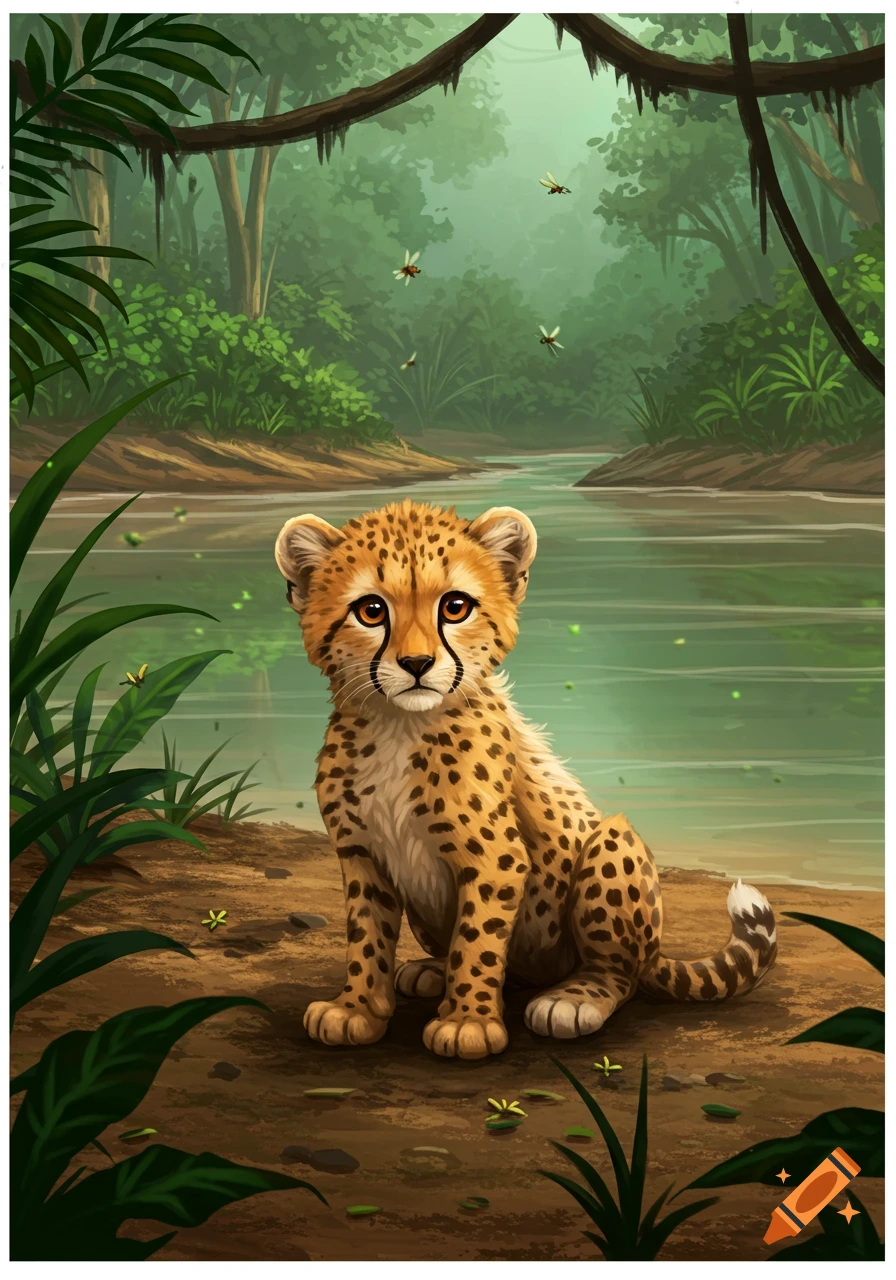 An illustration of a cute cheetah cub sitting on a muddy riverbank in a lush green jungle.