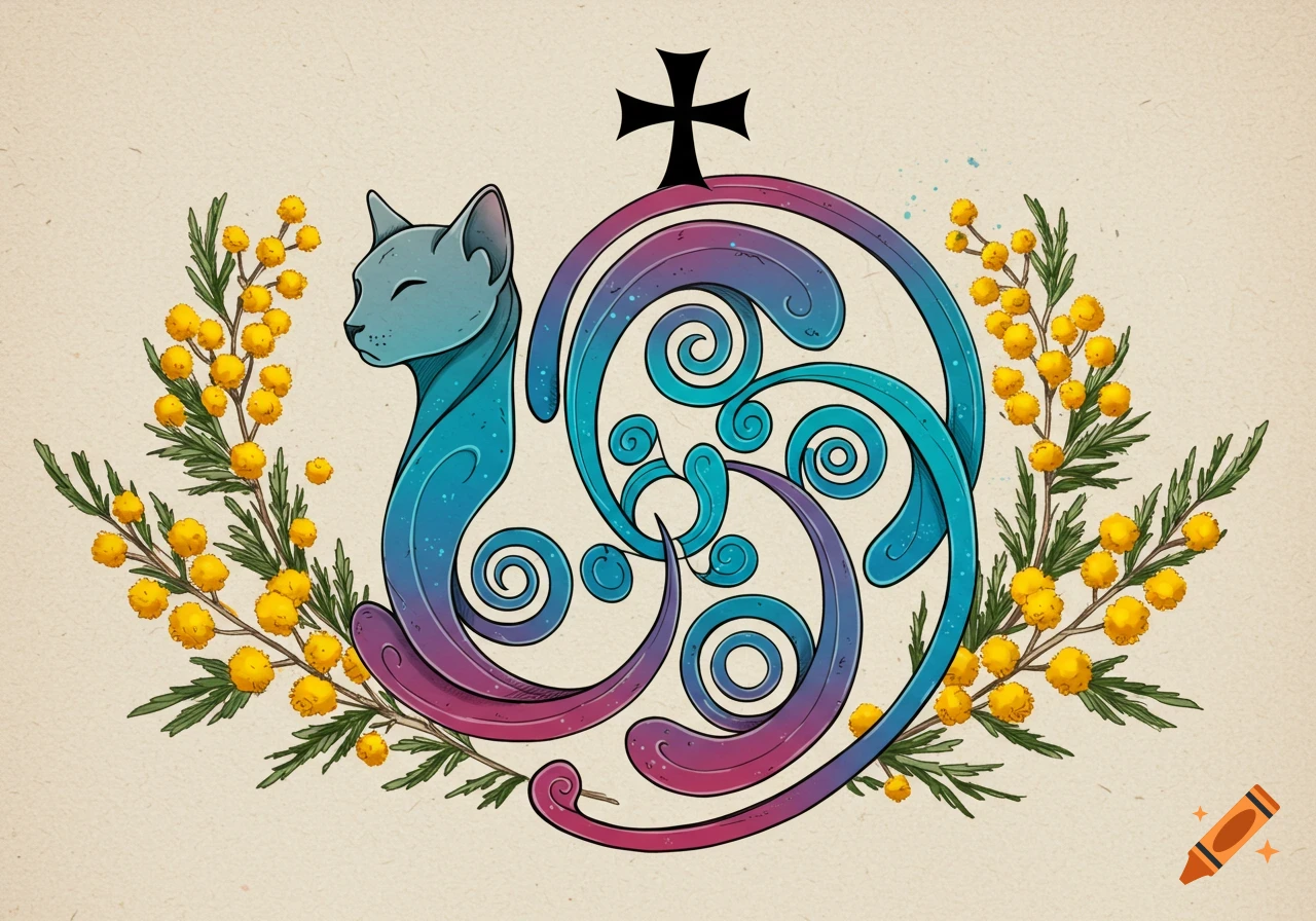 Stylized blue and purple cat as a triskelion, surrounded by yellow mimosa flowers, topped with a black templar cross.