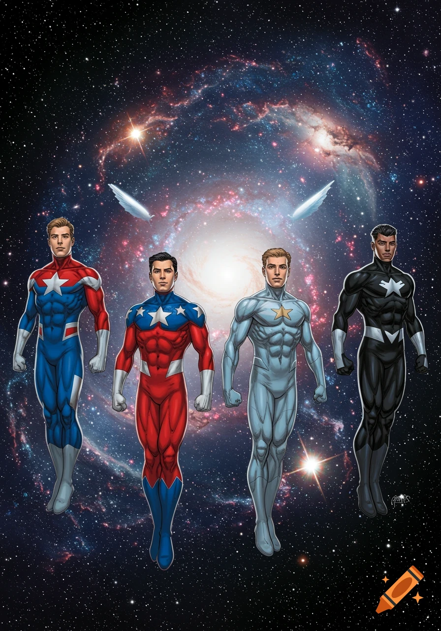 Four male superheroes in different red, white, blue, light blue, and black costumes with stars, floating in front of a colorful galaxy in space.