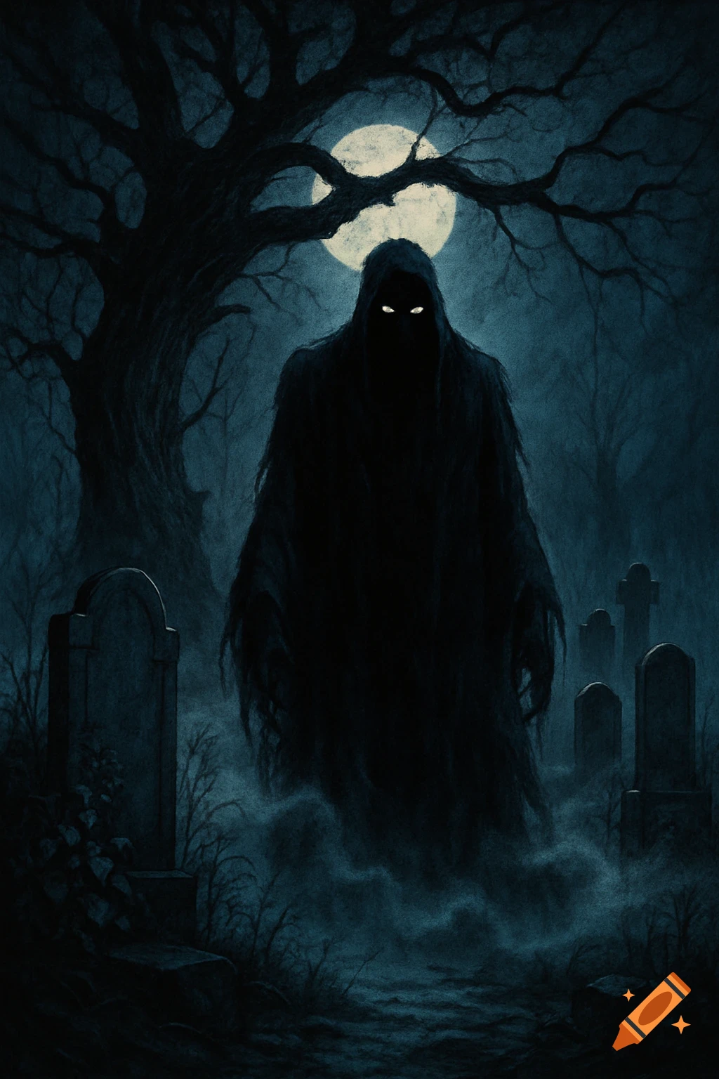 A dark, hooded figure with glowing eyes stands in a misty graveyard under a full moon, with a gnarled tree and tombstones.