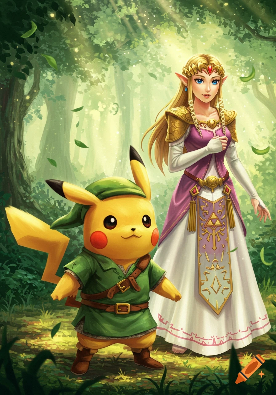 Pikachu dressed as Link and Princess Zelda stand in a vibrant forest, sunlight filtering through the trees. Anime style.