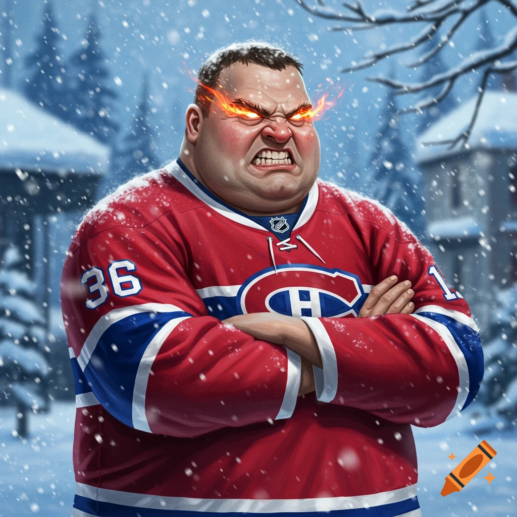 Exaggerated illustration of an angry, morbidly obese man in a Montreal Canadiens jersey, with fiery eyes, standing in a snowy setting.
