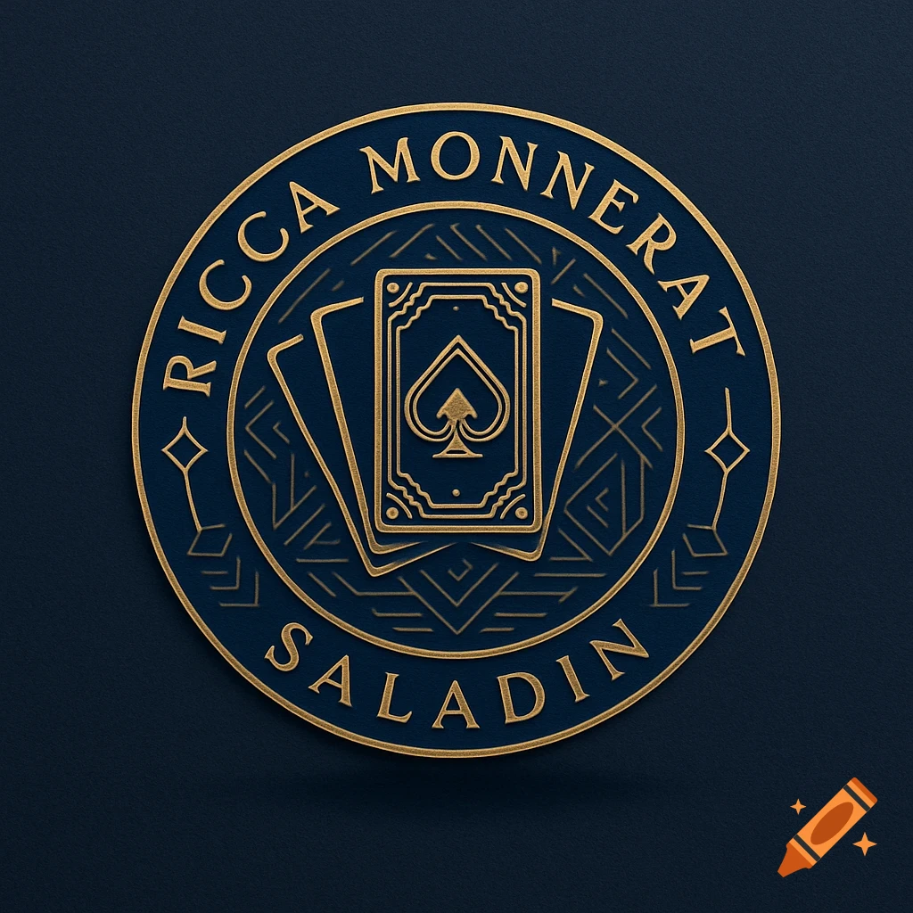 Circular gold and blue logo for a card club with playing cards, and the names Ricca, Monnerat, Saladin.