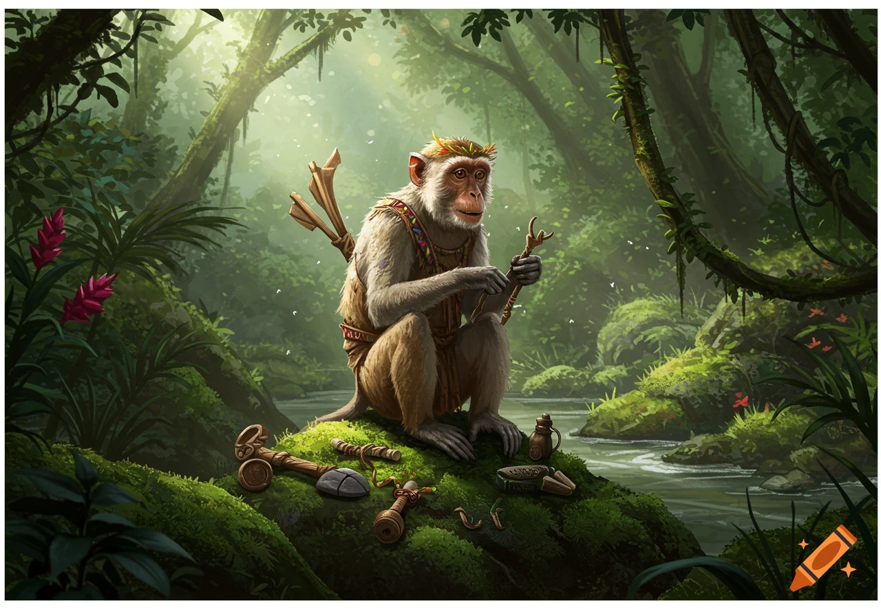 A stylized monkey wearing a leafy crown and tribal attire, holding a stick, sits on a mossy rock in a lush jungle by a river, surrounded by tools.