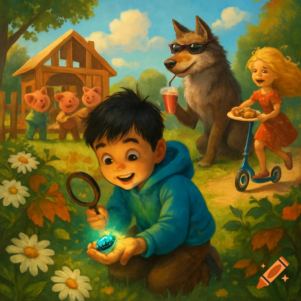 A whimsical painted illustration of a boy with a magnifying glass, a wolf in sunglasses, pigs building a playhouse, and a girl on a scooter in a sunny field.