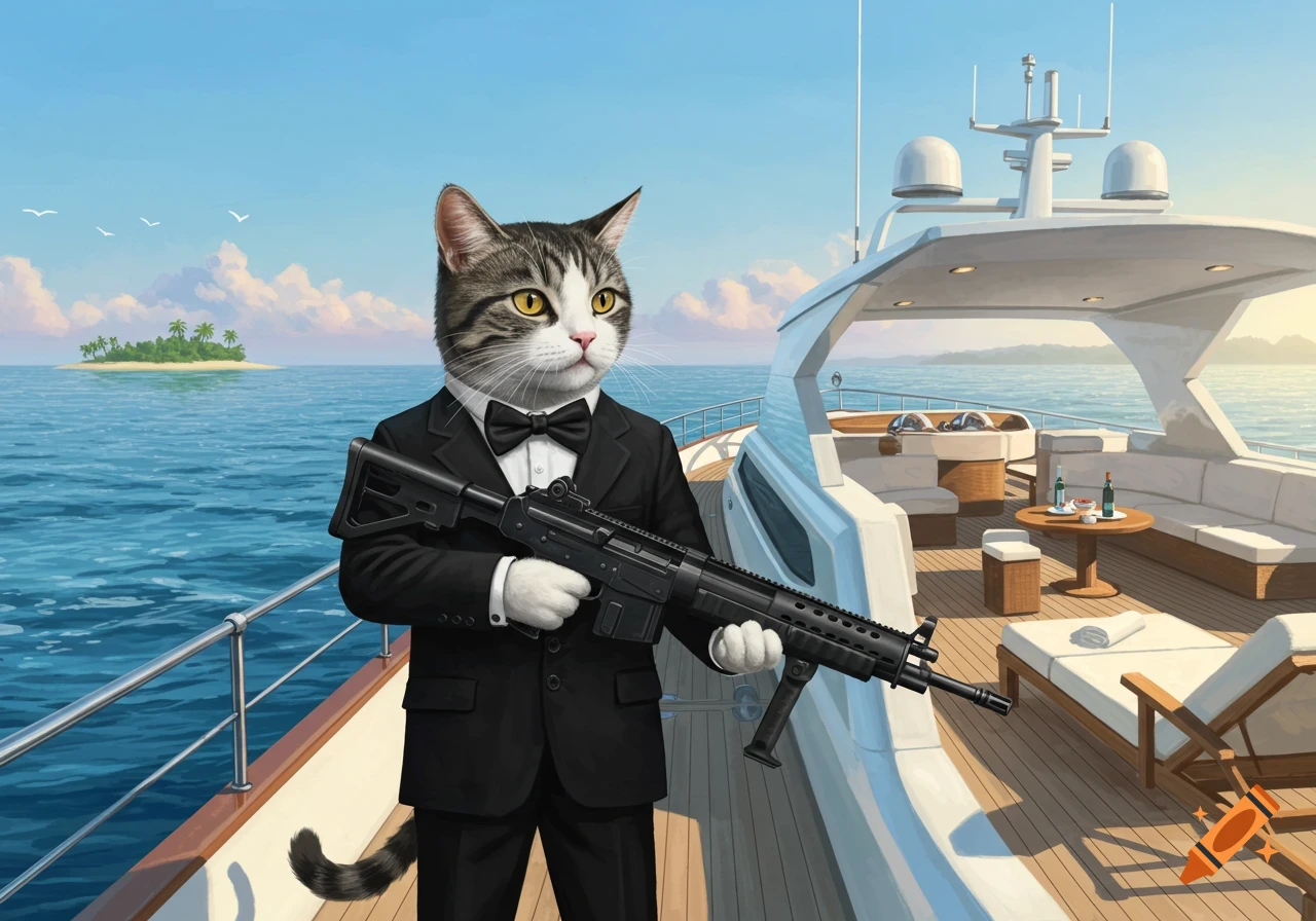 A tuxedo cat holds a machine gun on a luxury yacht with an island in the background.
