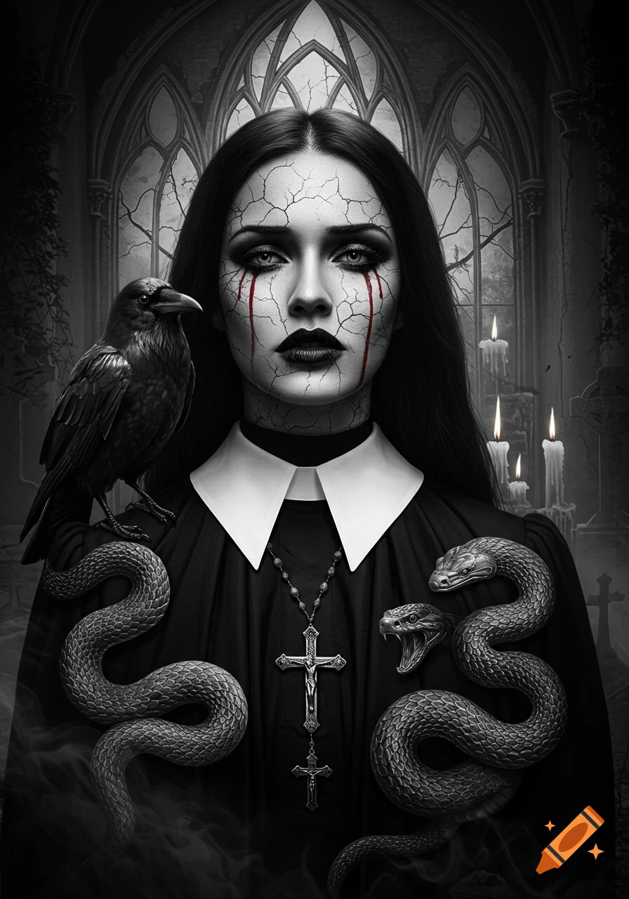 Ultra-detailed black and white gothic portrait of a woman with cracked skin, blood tears, raven, snakes, and crucifix, in a ruined chapel.
